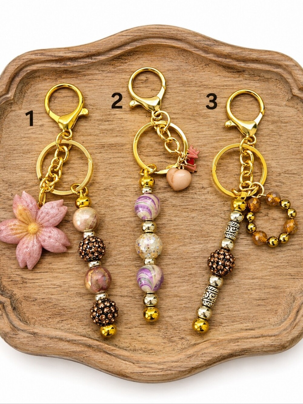 Beaded Floral Purse Charm, Pink and Gold Flower Bag Keychain Accessory Gift
